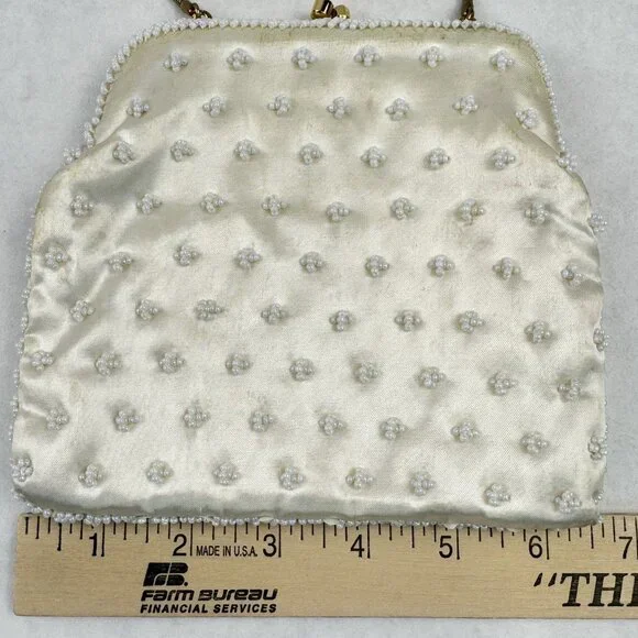 Vintage Womens White Beaded Geometric Floral Evening Bag Small Clutch Purse HK - Picture 11 of 12